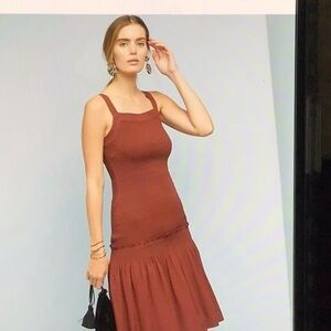 Anthropologie Escondido Smocked Drop Waist Wine Dress XS‎ Square Neck